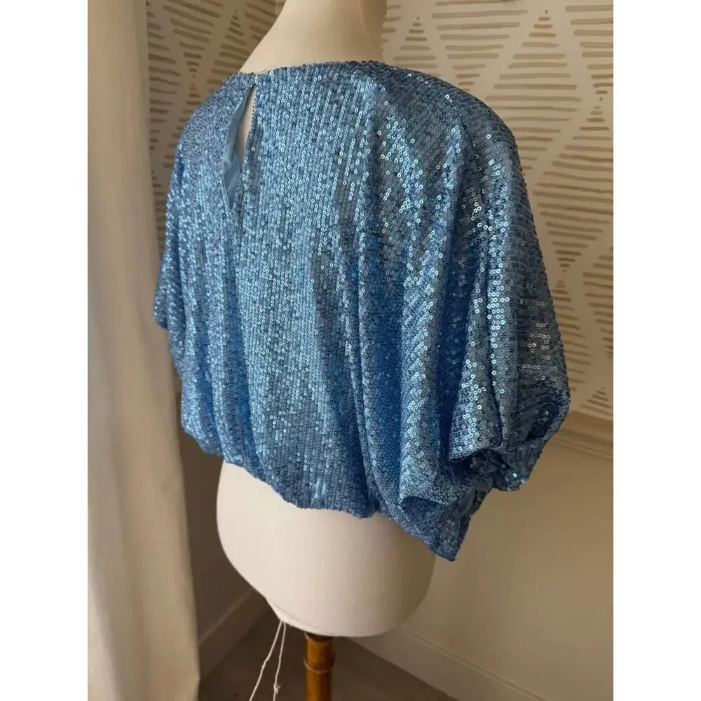 Endless Rose Women’s Small Blue Sequin Cropped Puffed Sleeve Top - Picture 6 of 7
